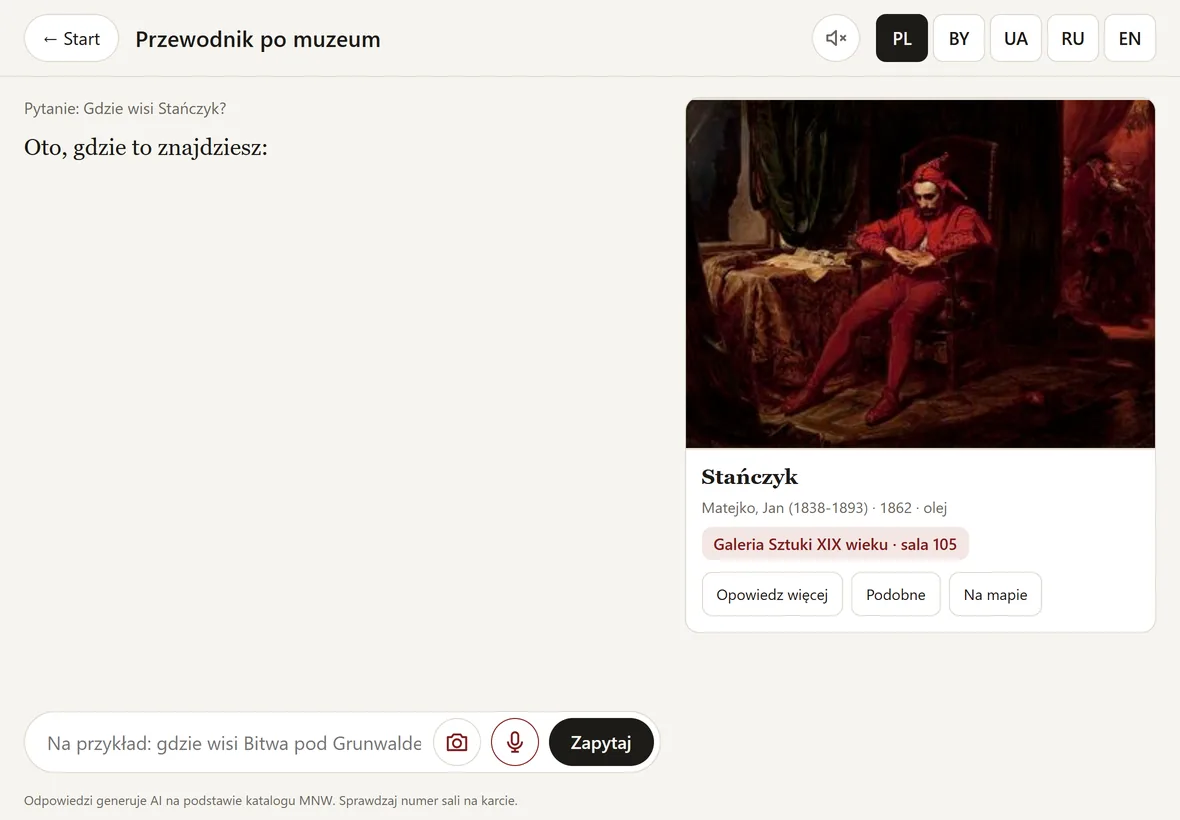 The question “Where is Stańczyk?” and the card of Jan Matejko's painting with the gallery and room number.